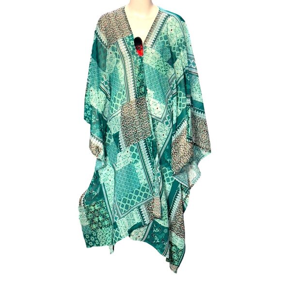 Classy City Chicks Tops - CCC Bohemian Style Patchwork Cape Lightweight Sheer Fabric Elegant Turquoise Whi